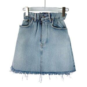 Miu Miu Blue Denim Skirt With Frayed Hem & Logo Pocket Size 36 XS 100% Cotton Ma